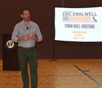 Pleasanton, CA - March 1, 2023: Eric Swalwell, representive for California’s 15th congressional district, speaking with constituents at a Town Hall meeting.